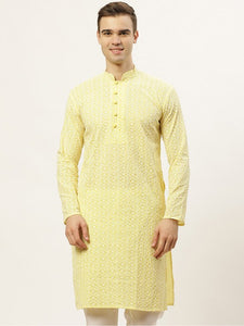 Men Yellow Thread Work Embroidered Chikankari Pure Cotton Kurta