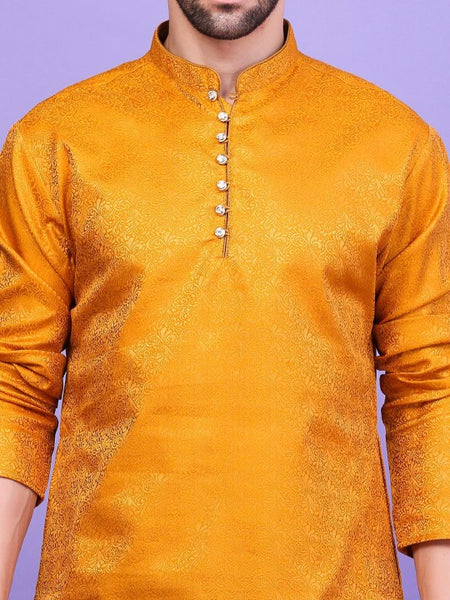 Yellow Ethnic Motifs Woven Design Mandarin Collar Straight Kurta with Patiala