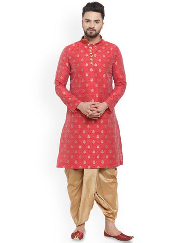 Red Ethnic Motifs Woven Design Mandarin Collar Kurta with Dhoti Pants