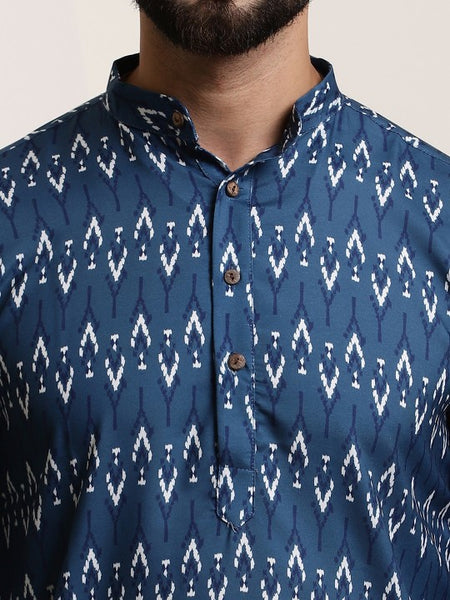Men Navy Blue Printed Pure Cotton Kurta with Churidar