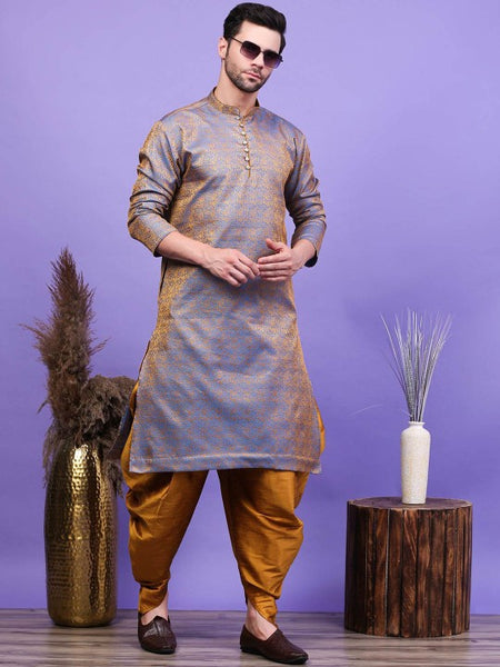 Blue Ethnic Motifs Woven Design Mandarin Collar Straight Kurta with Patiala