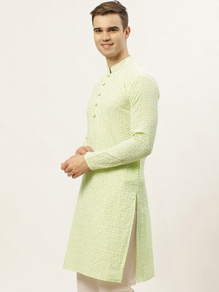 Men Green & White Ethnic Motifs Embroidered Thread Work Kurta