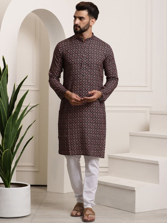 Men Black Ethnic Motifs Printed Pure Cotton Kurta with Churidar
