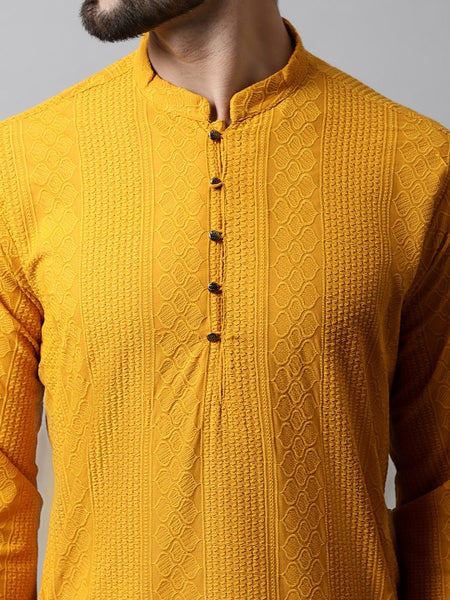 Men Mustard Yellow Embroidered Pure Cotton Kurta
