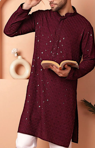 Maroon Ethnic Motifs Embroidered Sequinned Mandarin Collar Straight Kurta