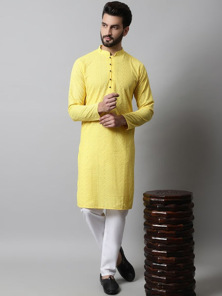 Men Yellow Embroidered Pure Cotton Kurta