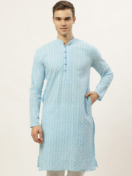 Men Turquoise Blue & White Floral Embroidered Pure Cotton Kurta