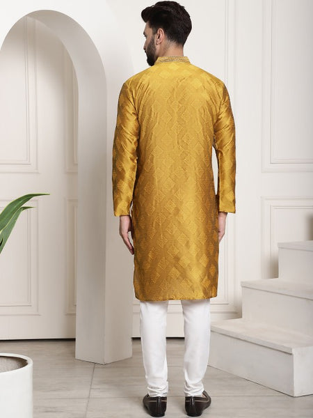 Men Mustard Yellow Ethnic Motifs Thread Work Kurta with Churidar