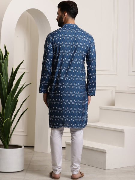 Men Navy Blue Printed Pure Cotton Kurta with Churidar
