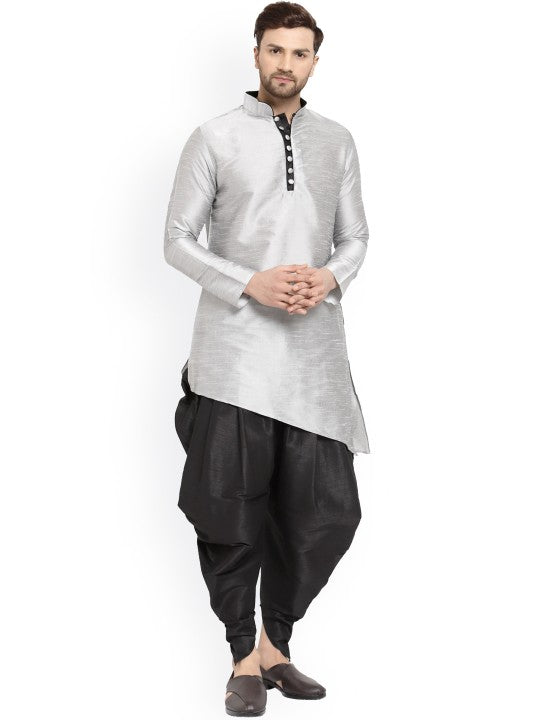 Silver Ethnic Motifs Printed Mandarin Collar Designer Kurta with Dhoti Pants