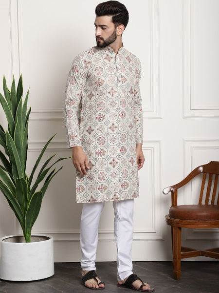 Ethnic Motifs Printed Band Collar Straight Kurta With Churidar
