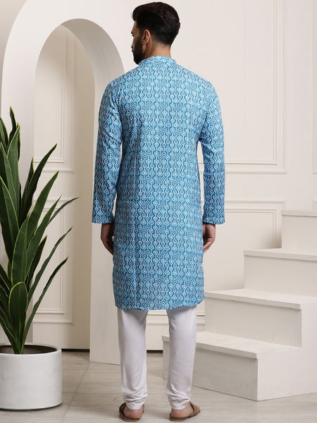 Men Turquoise Blue Printed Cotton Kurta with Churidar