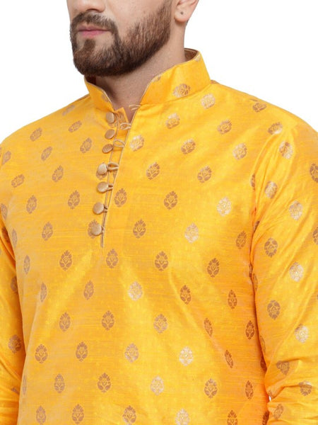 Yellow Ethnic Motifs Woven Design Mandarin Collar Kurta with Dhoti Pants