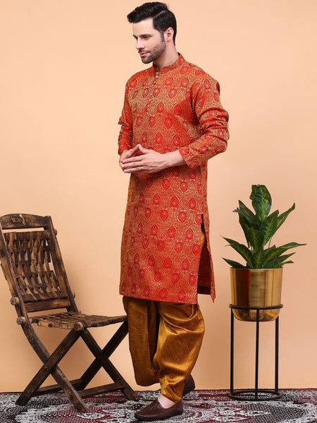Red Ethnic Motifs Woven Design Regular Zari Kurta With Dhoti Pants