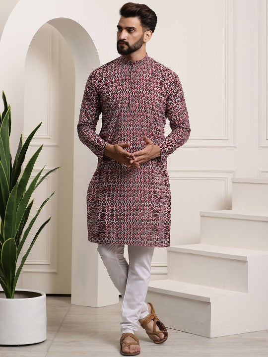 Men Brown Printed Cotton Kurta with Churidar