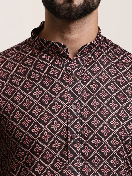 Men Black Ethnic Motifs Printed Pure Cotton Kurta with Churidar