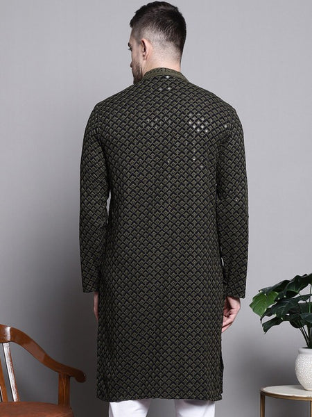 Mandarin collar Ethnic Motif Embroidered Thread Work Straight Cotton Kurta
