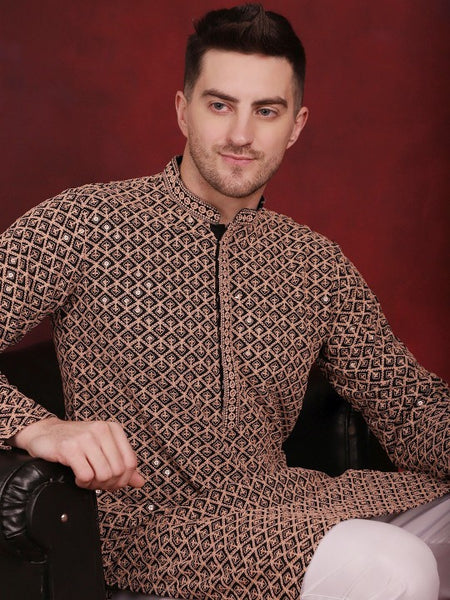 Men Mandarin collar Ethnic Motif Embroidered Thread Work Straight Cotton Kurta