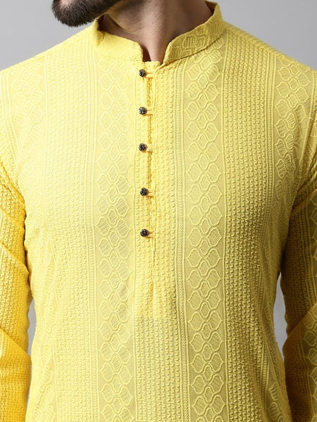 Men Yellow Embroidered Pure Cotton Kurta