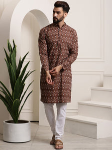 Men Brown Printed Pure Cotton Kurta with Churidar