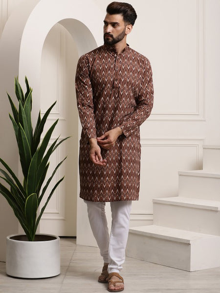 Men Brown Printed Pure Cotton Kurta with Churidar