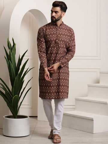 Men Brown Printed Pure Cotton Kurta with Churidar
