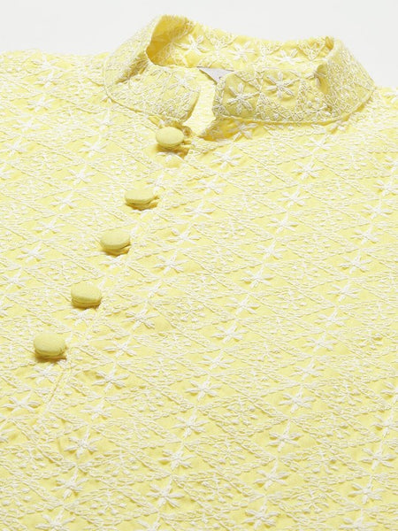 Men Yellow Thread Work Embroidered Chikankari Pure Cotton Kurta