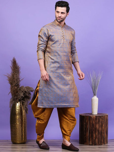 Blue Ethnic Motifs Woven Design Mandarin Collar Straight Kurta with Patiala