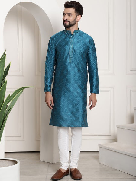 Men Blue Embroidered Jacquard Silk Kurta with Churidar