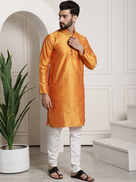 Yellow Paisley Printed Mandarin Collar Kurta With Churidar