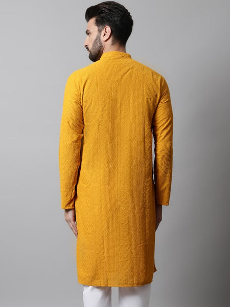 Men Mustard Yellow Embroidered Pure Cotton Kurta