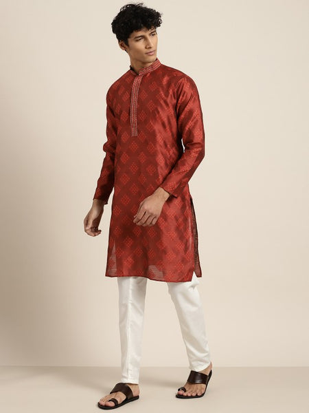 Men Maroon Self Design Kurta with Churidar