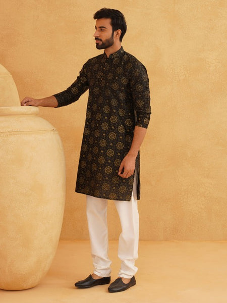 Black Paisley Printed Mandarin Collar Kurta With Churidar
