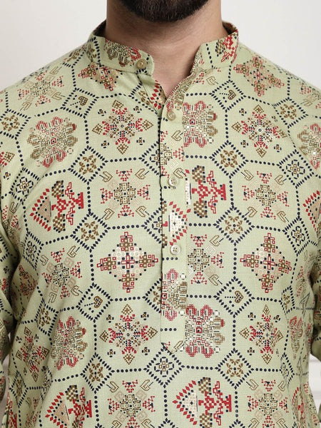 Green Ethnic Motifs Printed Band Collar Straight Kurta With Churidar