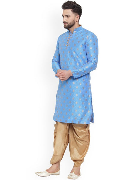 Blue Ethnic Motifs Woven Design Mandarin Collar Kurta with Dhoti Pants