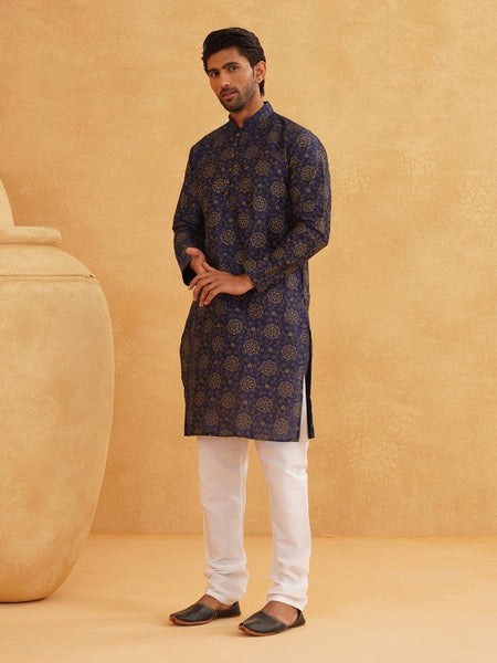 Navy Blue Paisley Printed Mandarin Collar Kurta With Churidar