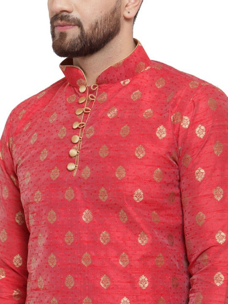 Red Ethnic Motifs Woven Design Mandarin Collar Kurta with Dhoti Pants
