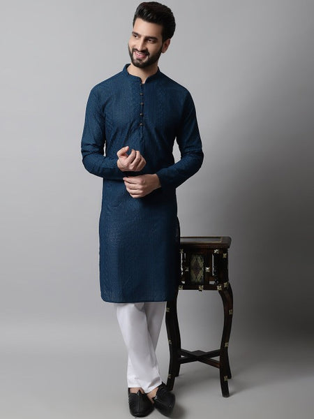 Men Navy Blue Embroidered Pure Cotton Kurta