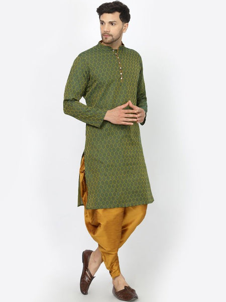 Green Ethnic Motifs Woven Design Mandarin Collar Jacquard Kurta with Dhoti Pants