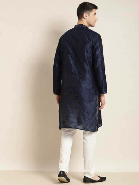 Men Navy Blue Ethnic Motifs Thread Work Kurta with Churidar