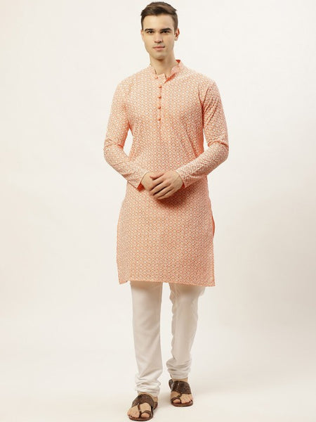 Men Orange Pure Cotton Floral Embroidered Straight Kurta