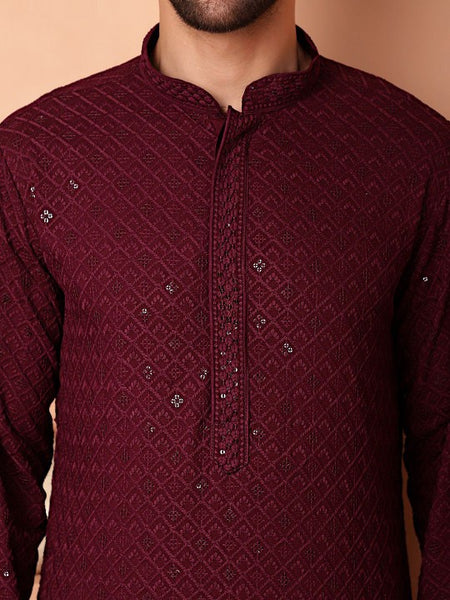Maroon Ethnic Motifs Embroidered Sequinned Mandarin Collar Straight Kurta