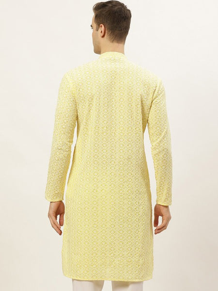 Men Yellow Thread Work Embroidered Chikankari Pure Cotton Kurta
