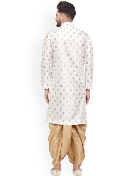 White Ethnic Motifs Woven Design Mandarin Collar Kurta with Dhoti Pants