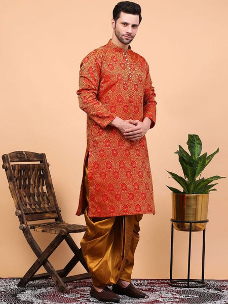 Red Ethnic Motifs Woven Design Regular Zari Kurta With Dhoti Pants
