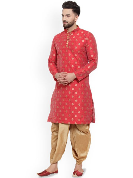 Red Ethnic Motifs Woven Design Mandarin Collar Kurta with Dhoti Pants