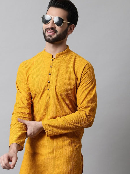 Men Mustard Yellow Embroidered Pure Cotton Kurta