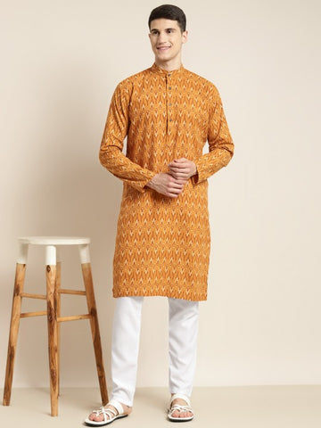Men Mustard Yellow Ethnic Motifs Printed Pure Cotton Kurta with Churidar