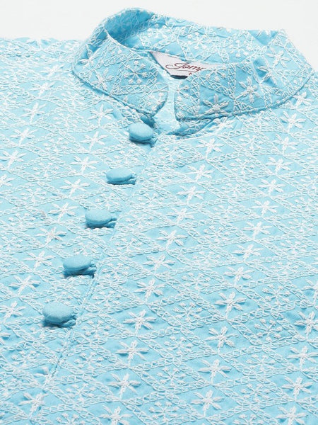 Men Turquoise Blue & White Floral Embroidered Pure Cotton Kurta