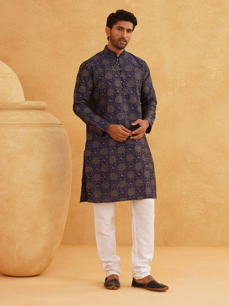 Navy Blue Paisley Printed Mandarin Collar Kurta With Churidar
